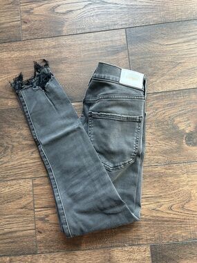Express Women's Charcoal Grey Skinny Jeans with Frayed Ankles